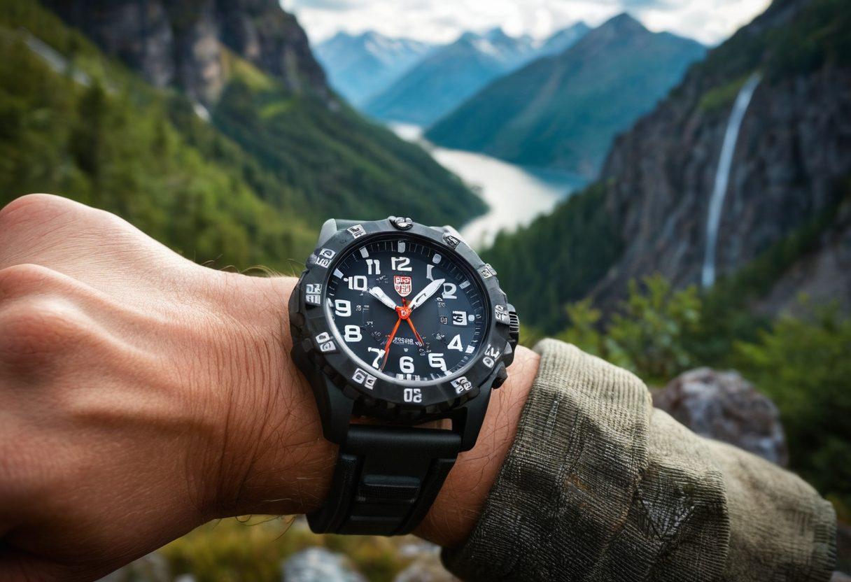 A striking Luminox watch set against a rugged outdoor backdrop, featuring a mountainous landscape with sunlight glinting off the watch's durable surface. Incorporate elements like hiking gear, compass, and a map to evoke a sense of adventure. Showcase the watch's luminous features subtly illuminated in low light, hinting at reliability and functionality. Capturing both beauty and durability, creating an inspiring image for adventurers. super-realistic. vibrant colors. natural scenery.