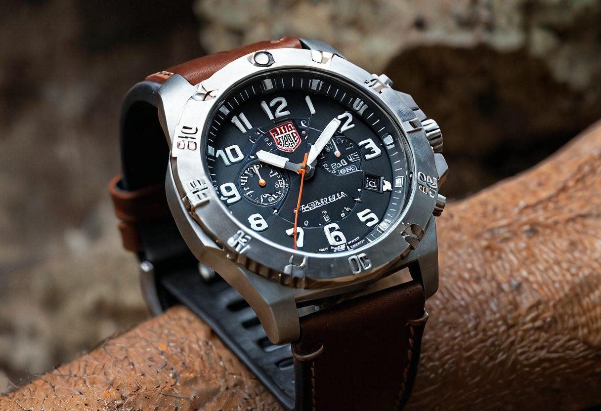 A sleek, modern Luminox watch showcasing its intricate design and durability against a backdrop of rugged outdoor terrain, with a soft, glowing light illuminating the watch face. Incorporate elements of sophistication with stylish accessories like a leather band and elegant suit fabric. Add hints of adventure with subtle textures of mountains and water in the background. super-realistic. vibrant colors. white background.